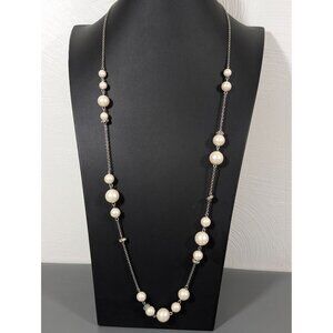 Retro White Faux Pearl‎ Station Chain Rhinestone Long Layering Necklace 34"